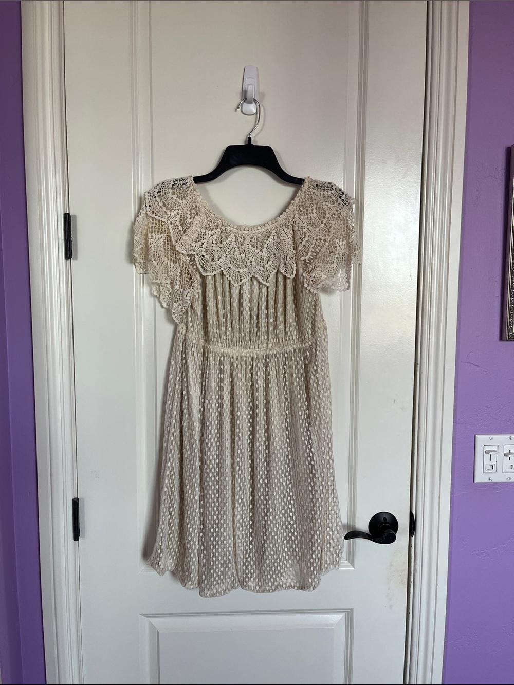 Vintage Cottagecore Lace Dress – Cream Crochet Yoke Swiss Dot Dress